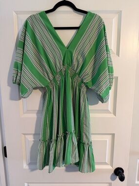 Taylor: Green V-Neck Smocked Waist Flutter Sleeve Dress